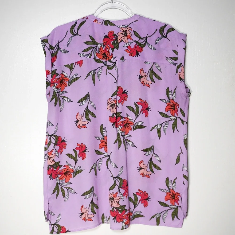 Worthington Floral Georgette L XL 1X Lilac Sleeveless Split Neck Blouse